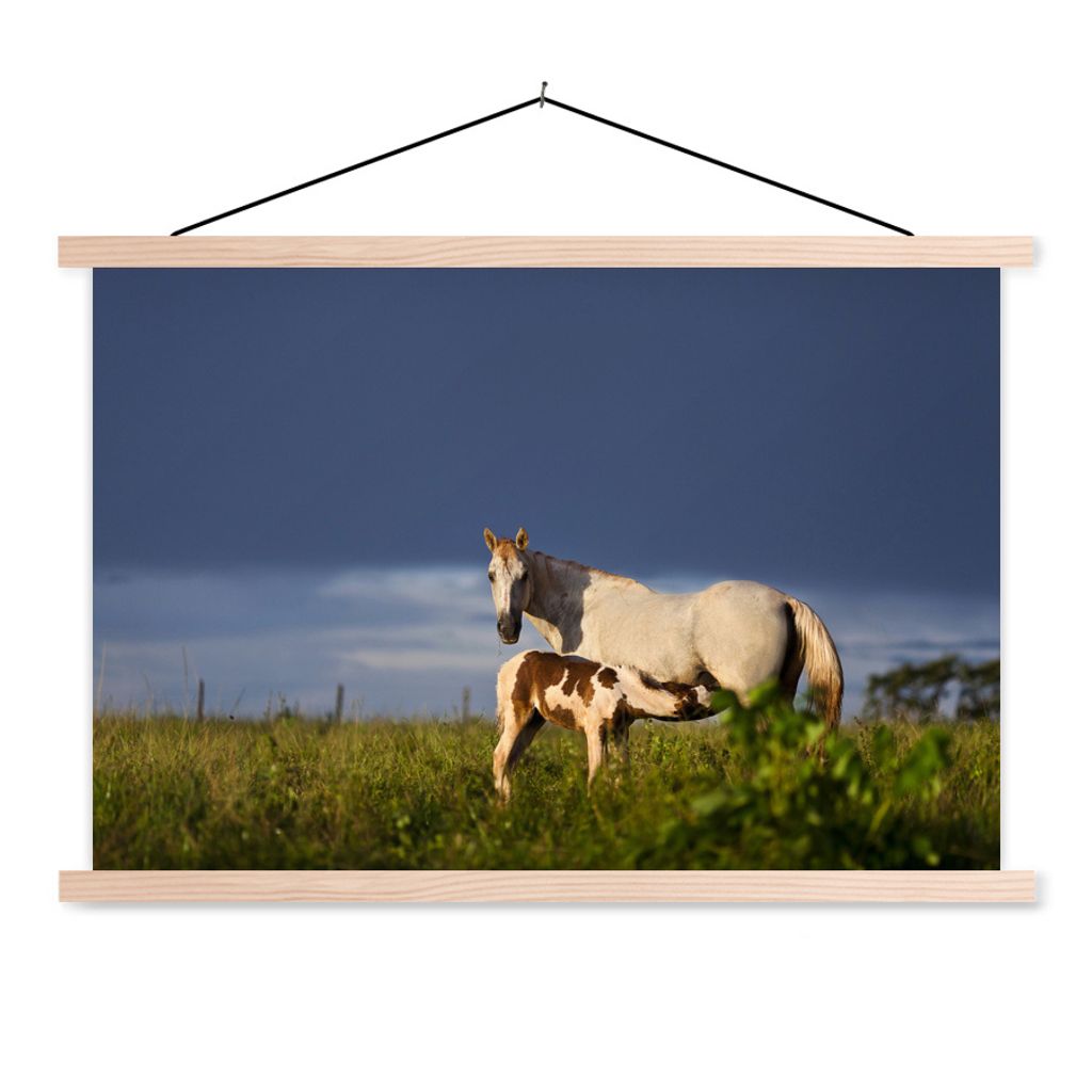 MuchoWow Textilposter Pferde - Gras - Fohlen 120x80 cm mit holzfarbenen Rahmen - Aufhängeset