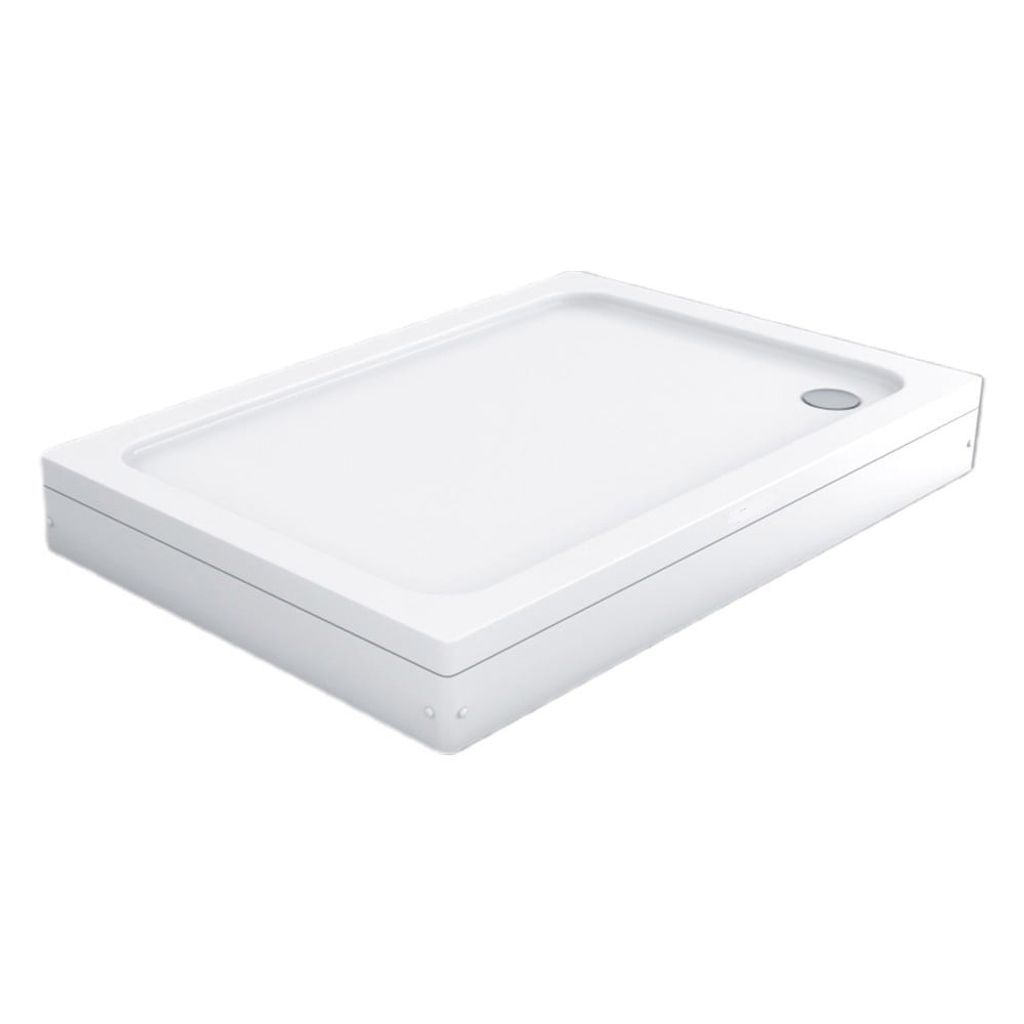 A white rectangular shower tray with a silver drain cover is shown from a diagonal angle against a white background.