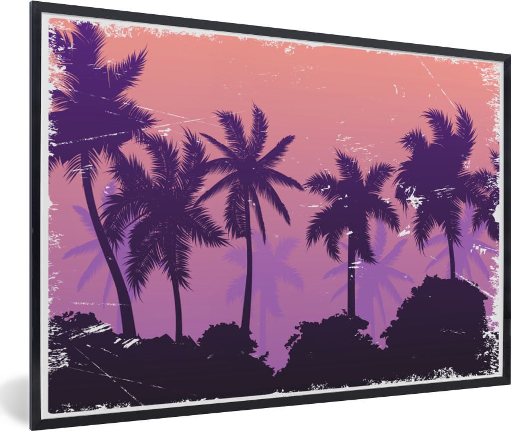 MuchoWow MuchoWow Gerahmtes Poster Palme - Nacht - Sommer - Zeichnung 30x20 cm - Poster mit zchwarzem Bilderrahmen - Kunstdruck - Bild-Poster