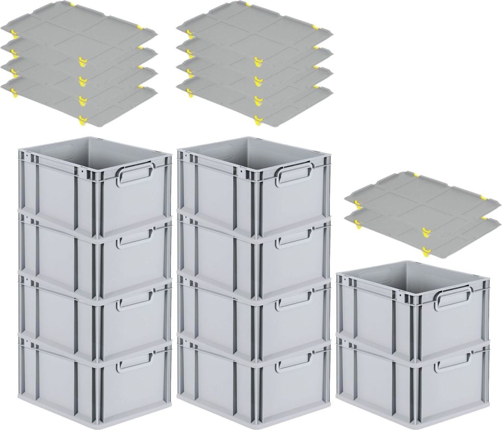 SparSet 10x Eurobox NextGen Grip mit Auflagedeckel inkl. 4 gelben Schiebeschnappverschlüssen | HxBxT 22x30x40cm | 20 Liter | Griffe geschlossen | ...