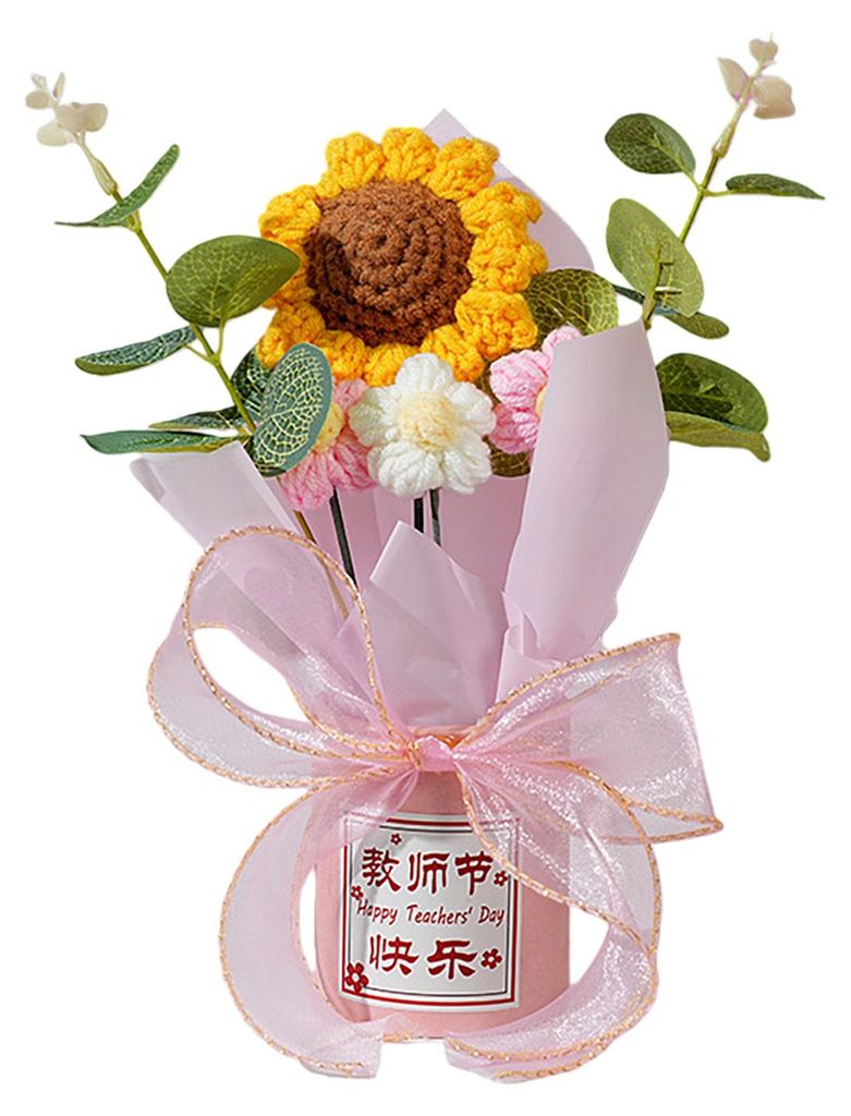 Gehäkelter Sonnenblumenstrauß mit Eukalyptusblättern zum Lehrertag – Handgefertigte Blumendekoration aus Strickgarn – Tischdekoration für Z...