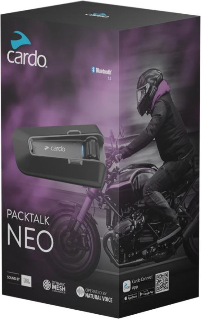 The image shows the packaging of a Cardo Packtalk Neo communication system, featuring a graphic of a person riding a motorcycle.