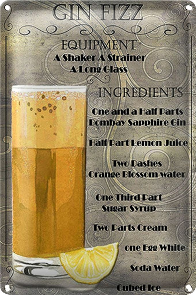 Blechschild 40x30cm Gin Fizz Equipment ingredients