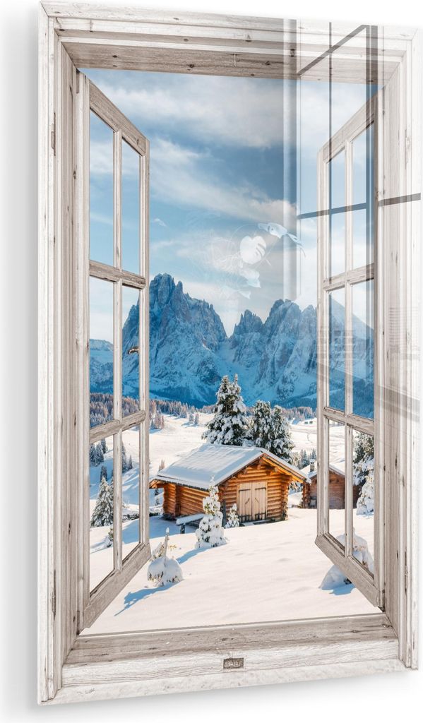 MuchoWow Glasbilder - Bilder auf Wandbild - Foto auf Glas Winterlandschaft - Hütte - Berge - Ausblicke - Aussicht - Natur 40x60 cm Wanddekoration ...