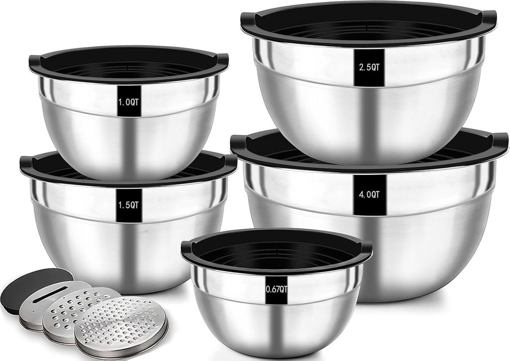 Salatschüssel 5er Set, Edelstahl Schüssel mit luftdicht Deckel, Größe 4.5l, 2.7l, 1.6l, 1.1l, 0.7l, Rührschüssel Schüsselset für die Küche...