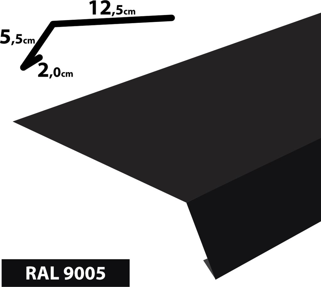 A diagram showing the dimensions of a black metal roof flashing, with the RAL color code also displayed.