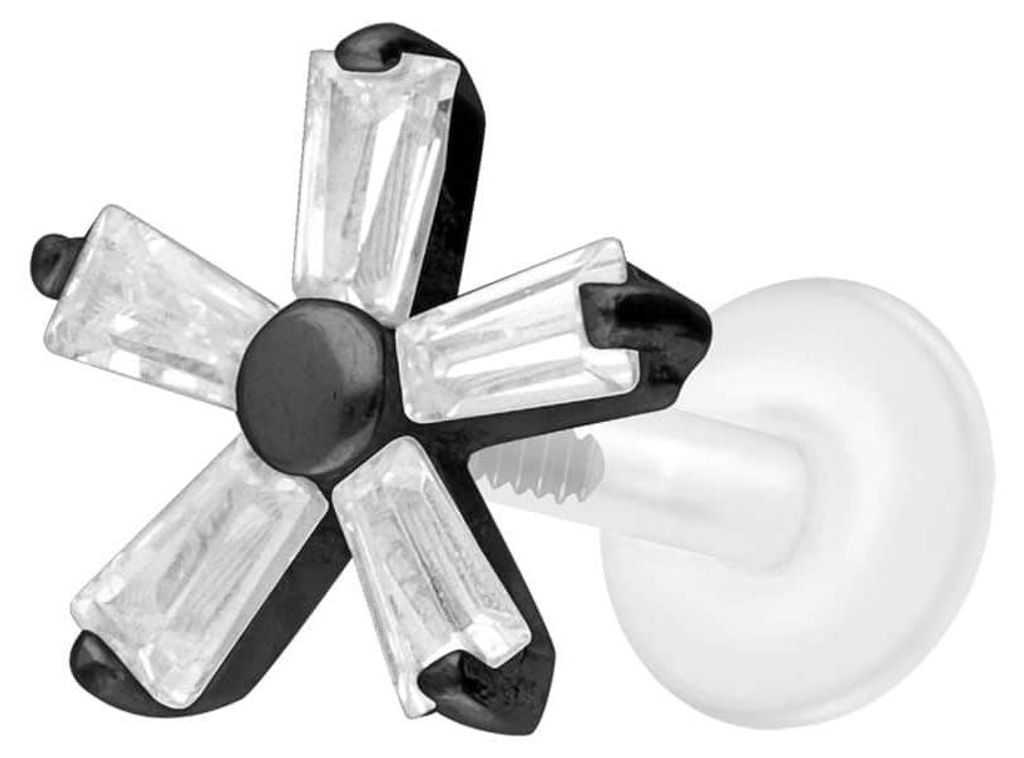 Ohrpiercing, Nasenpiercing PTFE Labret mit Innengewinde + Titan-Aufsatz KRISTALLBLUME Schwarz Stablänge: 7mm | Stabstärke: 1,2mm