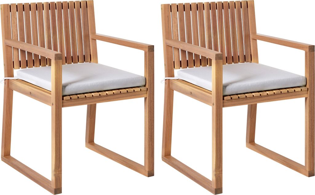 BELIANI Gartenstuhl 2er Set Hellbraun es Akazienholz Lamellen-Optik mit Sitzkissen Hellgrau UV-beständig Rustikal Holzstuhl Terrasse Balkon