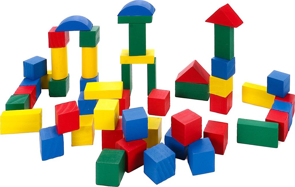 50 Stück Holzbausteine, bunt lackiert, Trommel mit Deckel und Tragegriff, 6 Formen farbige Bauklötze aus Holz für Kleinkinder, Trommelgröße (H...