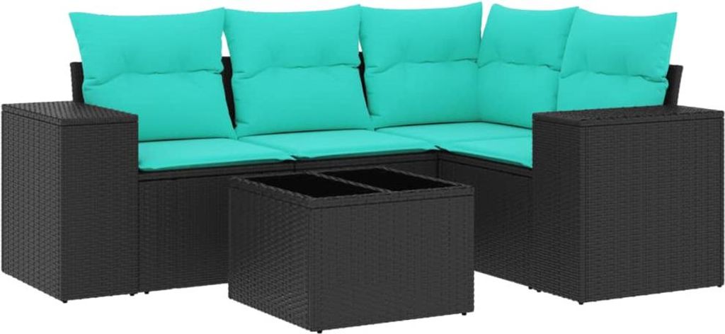 vidaXL 5-teiliges Gartensofa-Set mit Kissen, schwarzes Polyrattan