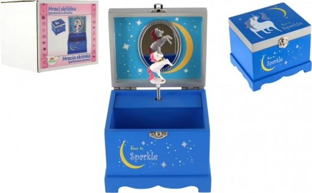 Portagioie unicorno che gioca su legno elastico con cerniera blu 12,5x10,5 cm