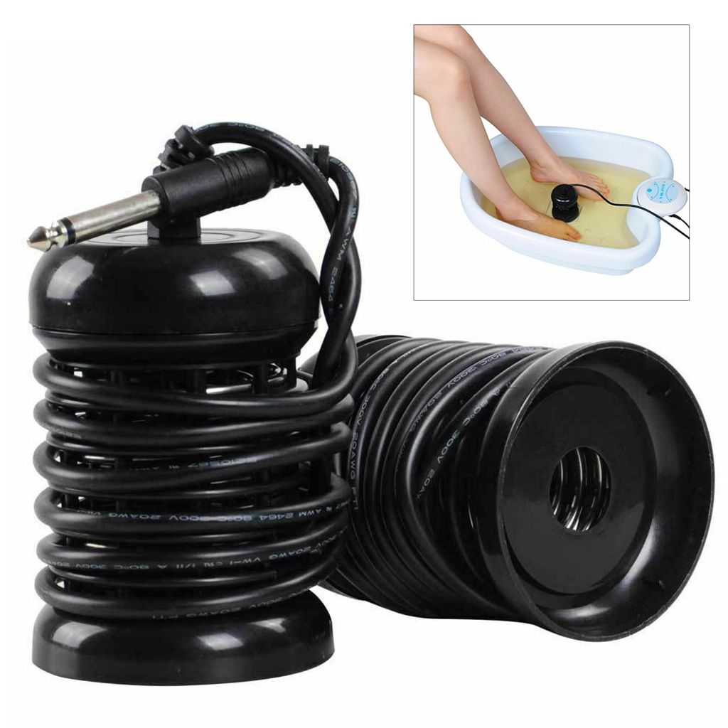 A close-up of a black foot spa device with a coiled cord, and an inset image showing feet in a foot bath.