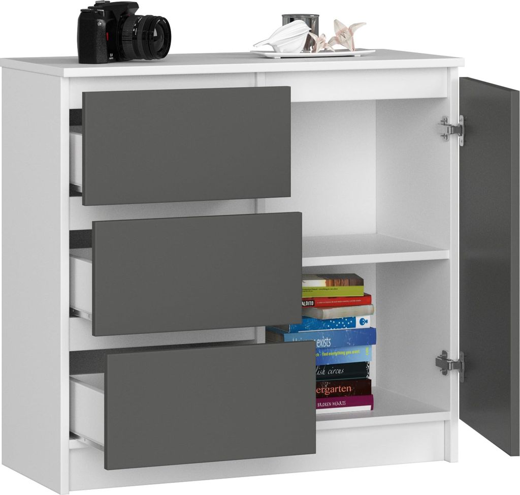 BDW, Kommode, 3 Schubladen, 1 Tür, Schrank, Sideboard, Weiss / Grau