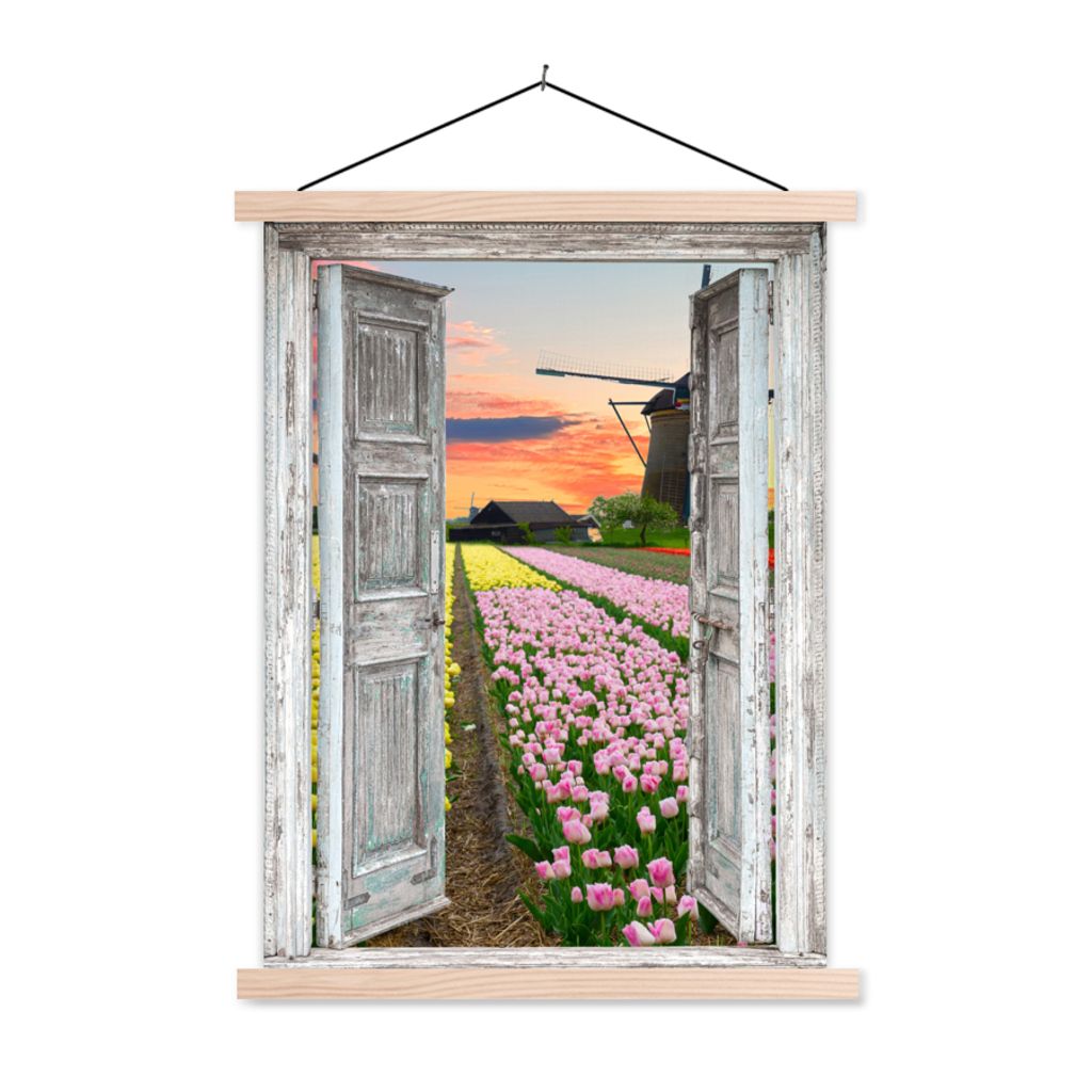 MuchoWow Textilposter Ausblick - Tulpen - Mühle - Abend 60x80 cm mit holzfarbenen Rahmen - Wandbild