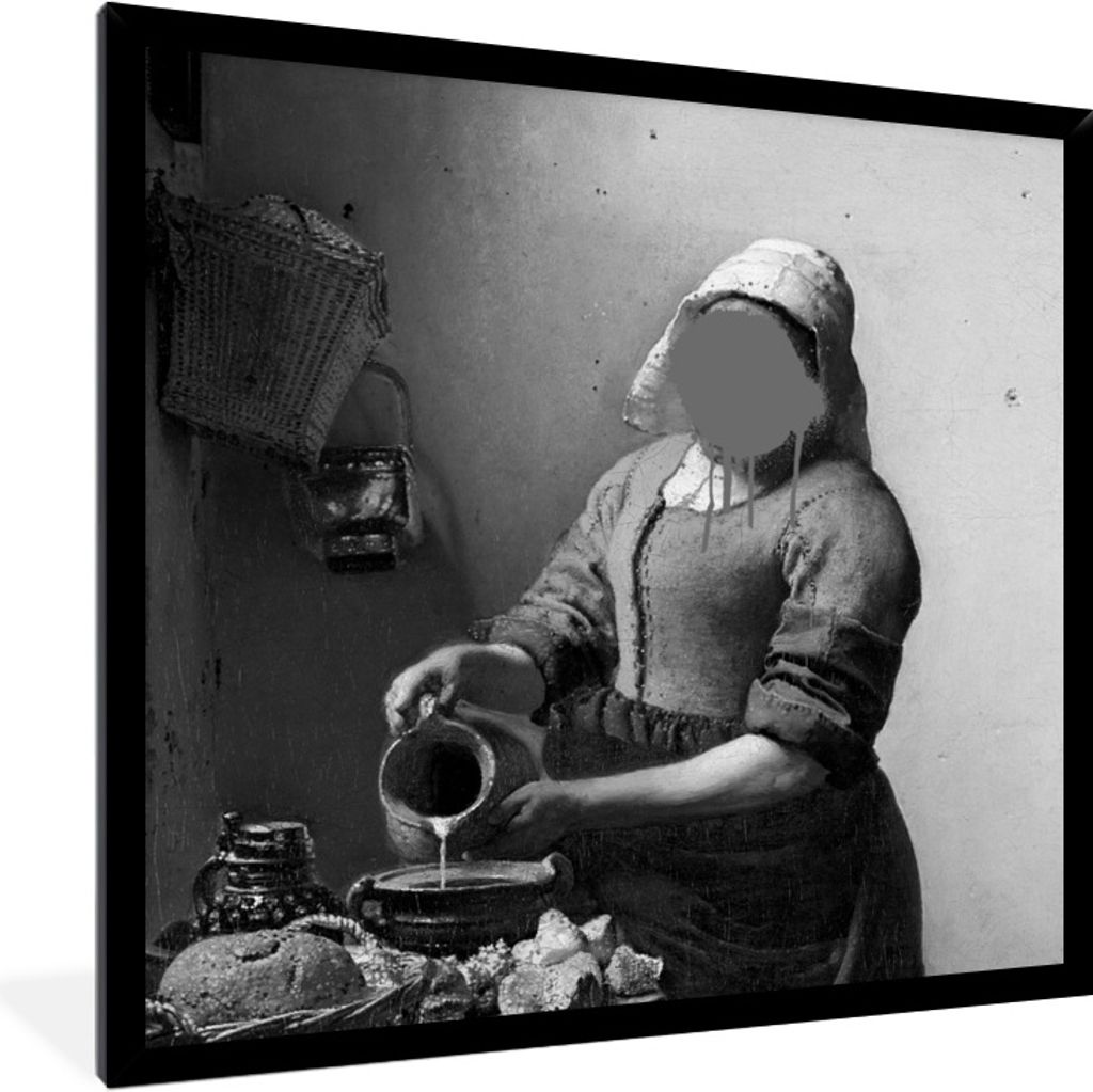 MuchoWow Gerahmtes Poster Das Milchmädchen - Johannes Vermeer - Schwarz und weiß 40x40 cm - Poster mit Schwarzem Bilderrahmen Wandposter Rahmen...