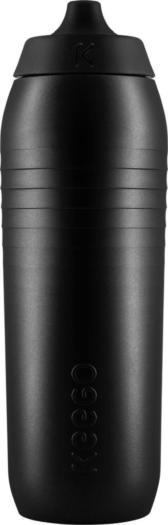 A black water bottle shown in a studio setting.