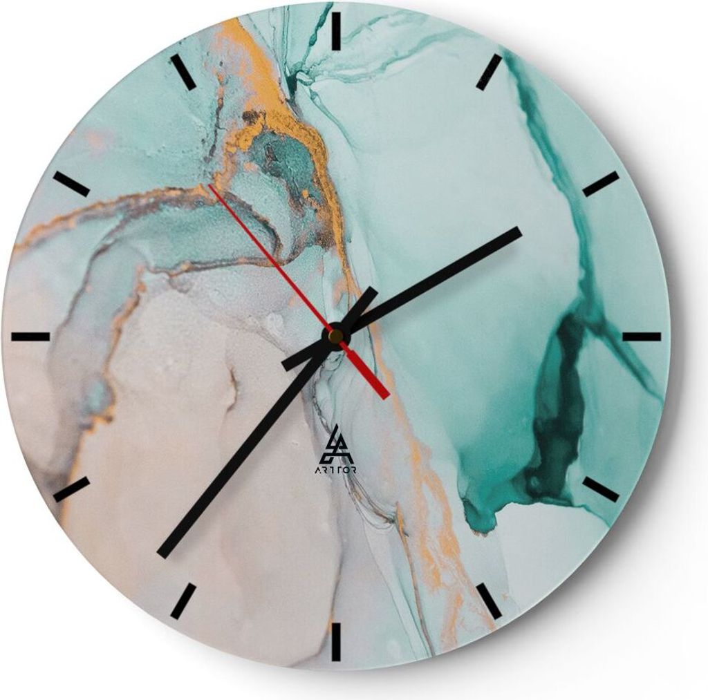 Wanduhr - Rund - Glasuhr - Marmor Abstraktion Türkis - 30x30cm - Schleichendes Uhrwerk - Lautlos - zum Aufhängen bereit - Dekoration Modern - Wan...