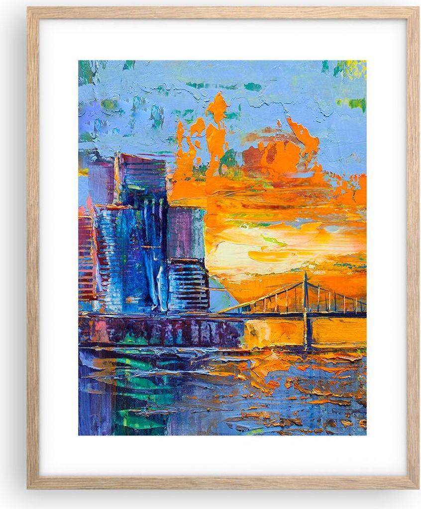 Gerahmtes Poster - Rahmen in heller Eiche - Stadt Brücke pastos - 40x50 cm - Wand Bild - Wanddeko - Wandbilder - Kunstposter - Wandposter - Bilder...