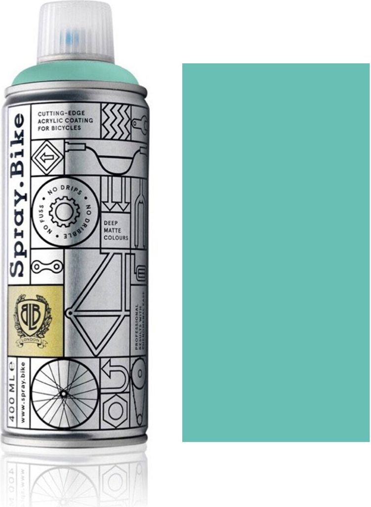 A spray can of bicycle paint next to a swatch of the paint color.