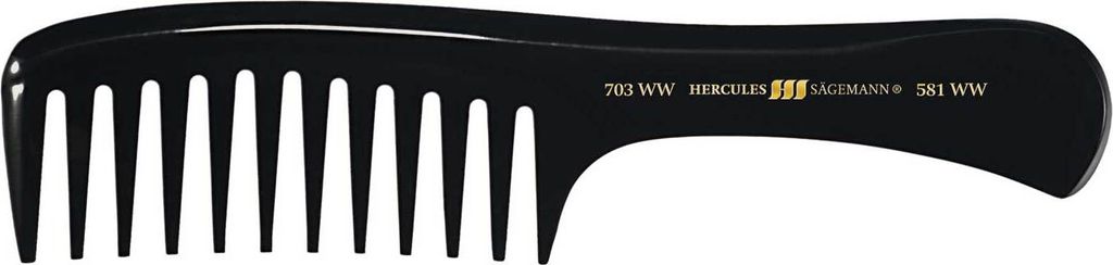 A black comb on a white background.