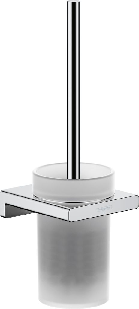 A toilet brush holder with a chrome handle and a frosted glass cup, mounted on a wall.