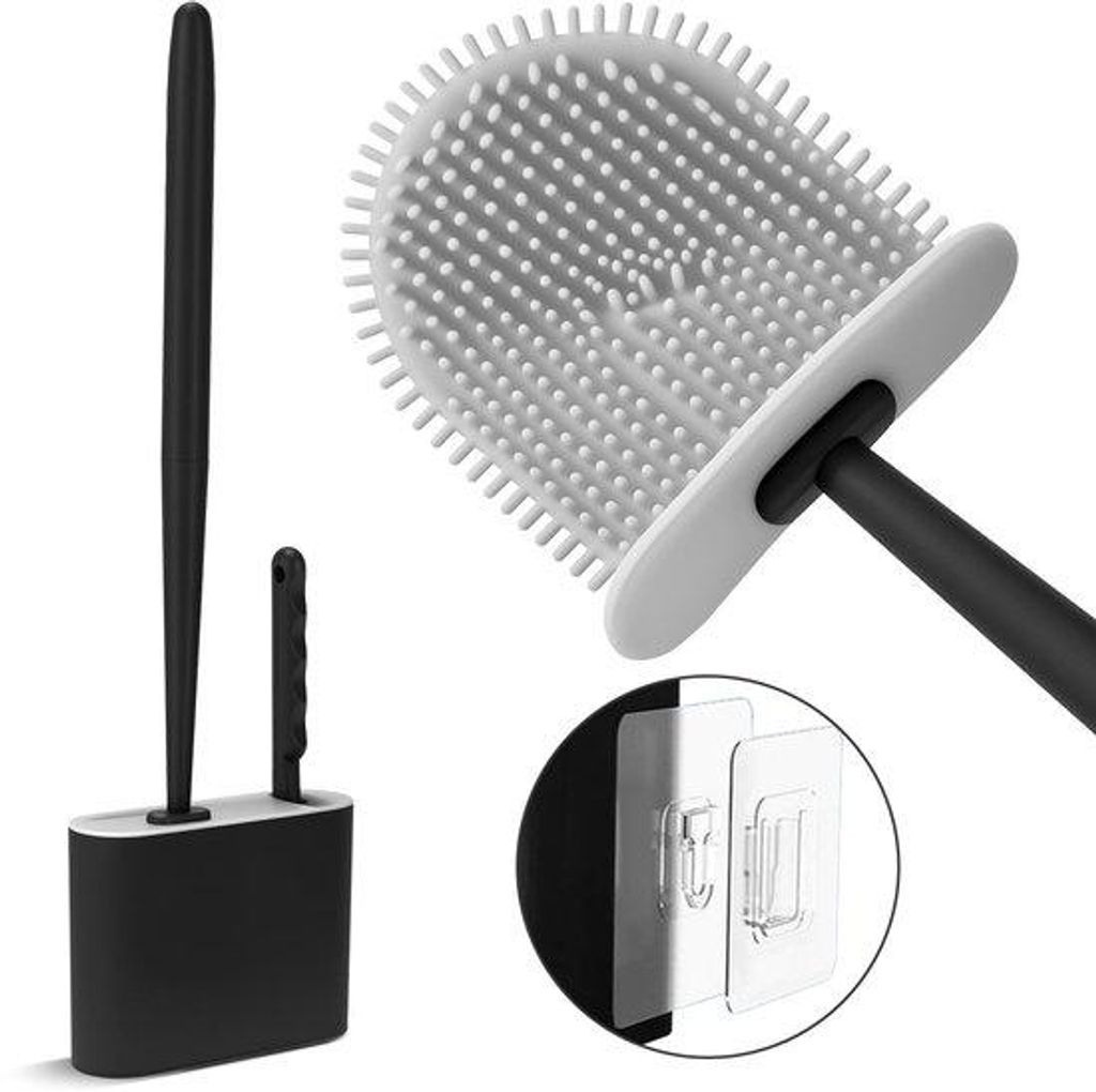 Toiletborstel mit Halter – Toiletborstel mit Abdeckung – Gesloten Boden – Toiletborstel mit Randreiniger – Silikon – Schwarz – Vierkant...