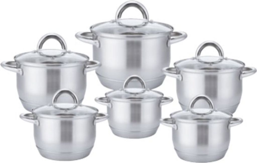 A set of six stainless steel pots with glass lids arranged in a semi-circle.
