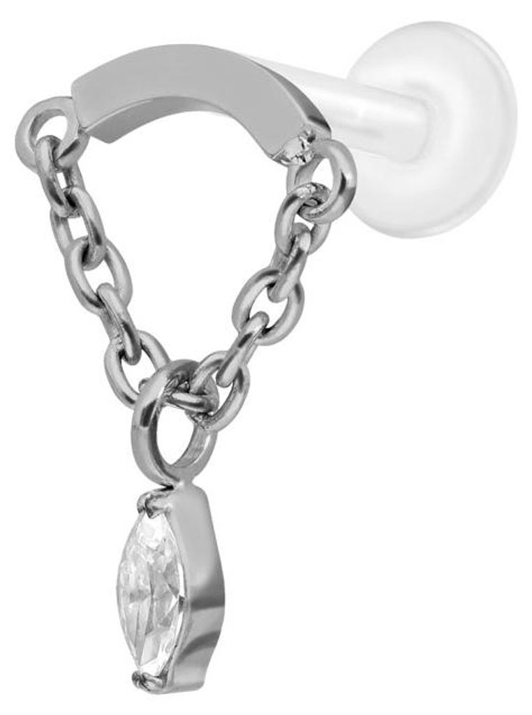 Ohrpiercing, Nasenpiercing PTFE Labret mit Innengewinde + Titan-Aufsatz BOGEN + KETTE + KRISTALLTROPFEN Silber Stablänge: 8mm | Stabstärke: 1,2mm...