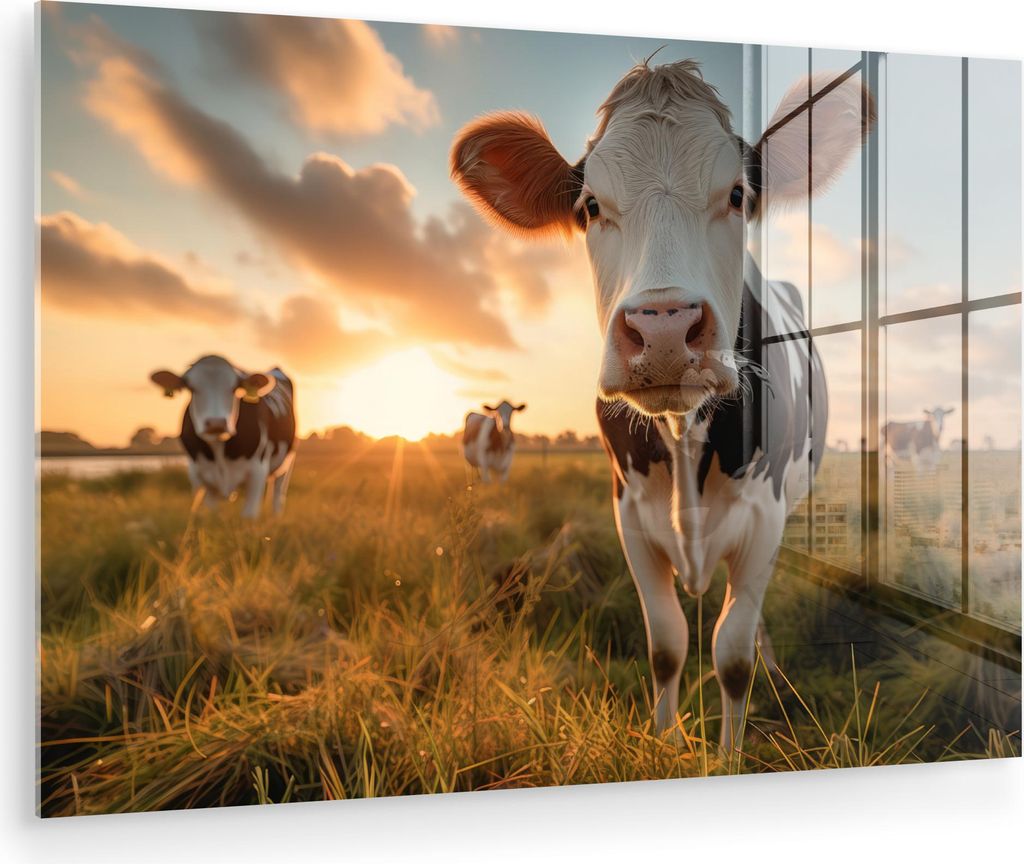 MuchoWow Glasbilder - Bilder auf Wandbild - Foto auf Glas Kuh - Wiese - Tierportrait - Natur - Kühe 90x60 cm Wanddekoration aus Glas - Acrylglasbi...