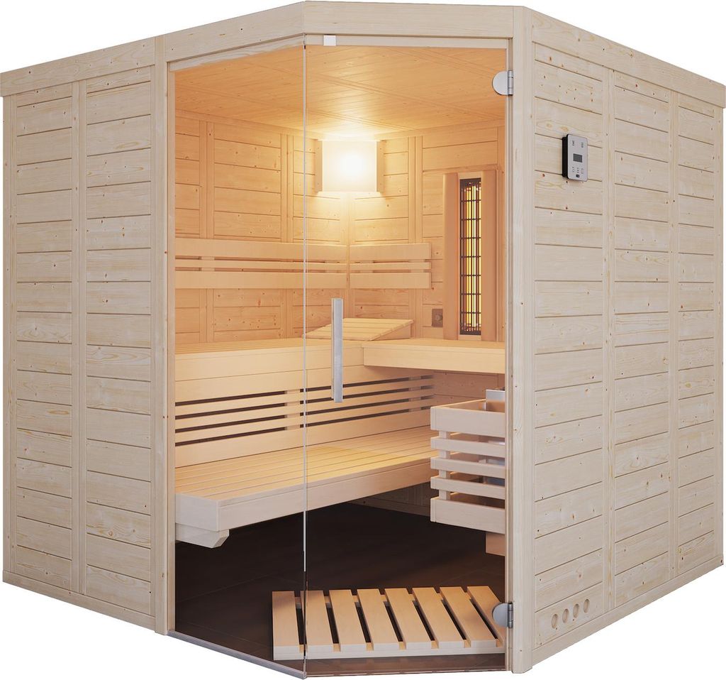 Infraworld Solido Complete 209 Ecke Sauna mit Infrarotstrahler 209x209x200 cm nordische Fichte