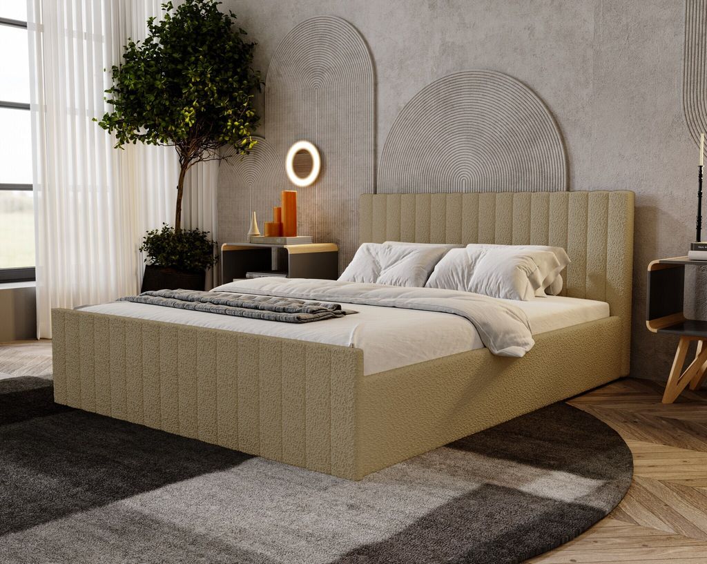 Doppelbett Bouclé 180x200 Billo Slim - Polsterbett mit Lattenrost, Bettkasten - Bouclé Beige