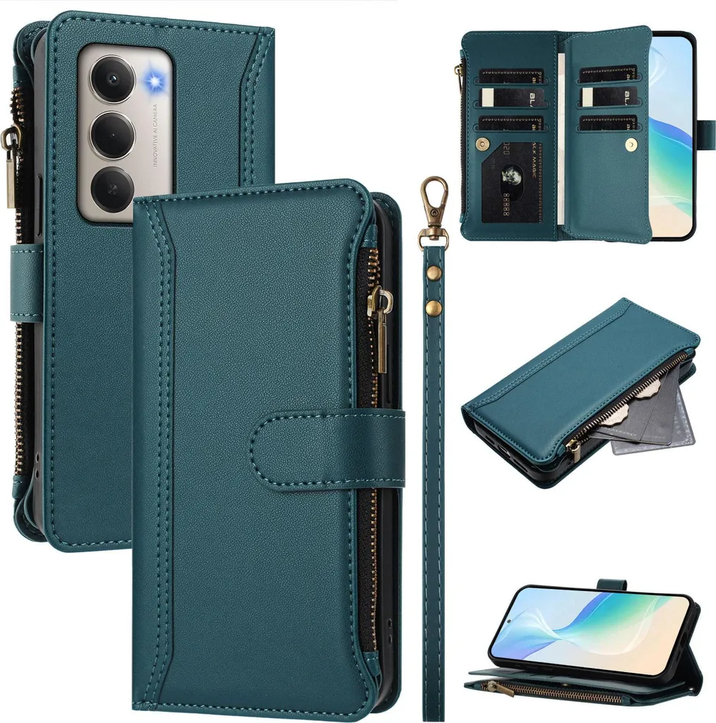 Custodia per Xiaomi Redmi 15 5G, con cerniera, portafoglio in Finto cuoio con tasche per carte, supporto e passante per mano verde