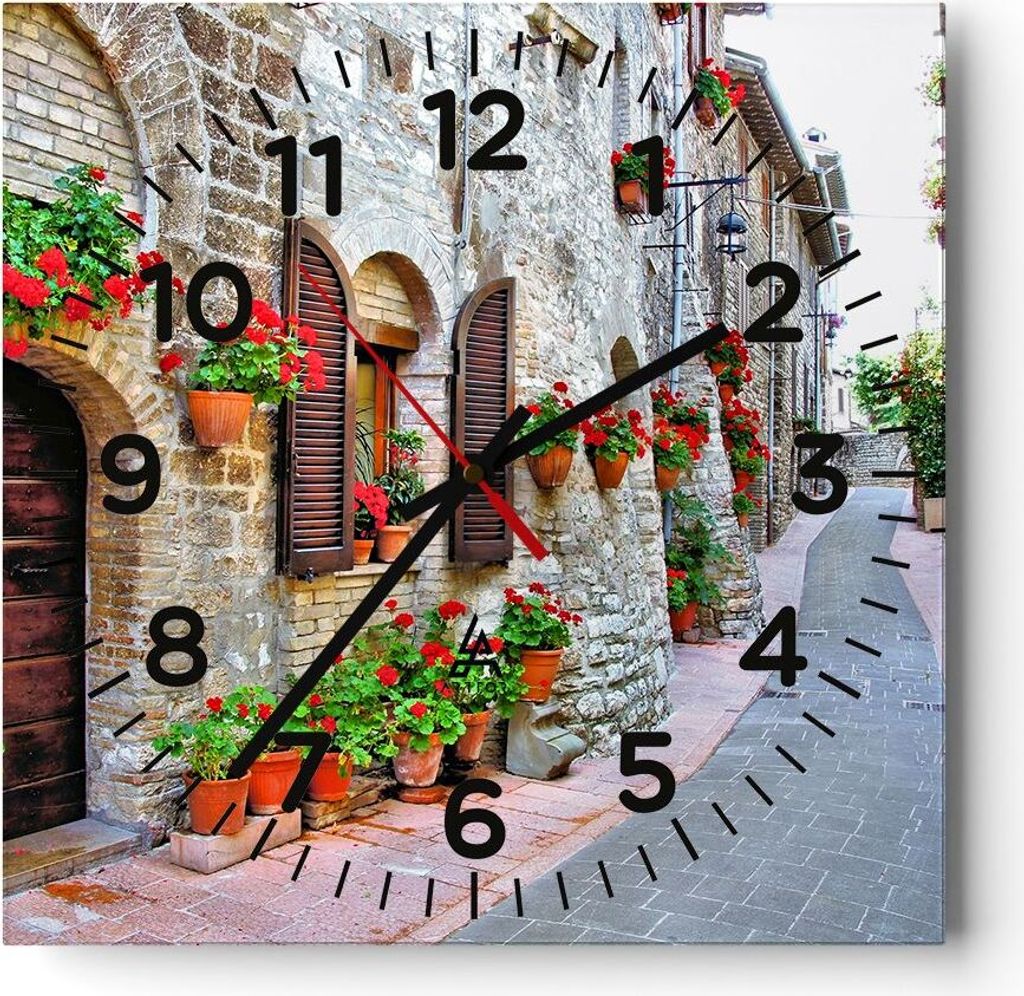 Wanduhr - Quadrat - Glasuhr - Italien Straße Blumen Geschichte - 40x40cm - Schleichendes Uhrwerk - Lautlos - zum Aufhängen bereit - Dekoration Mo...