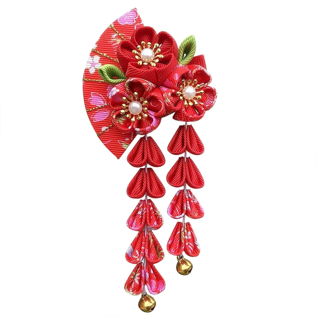 Barrettes Japonaises Fleurs et Kimono - Accessoires Cheveux Geisha Rose