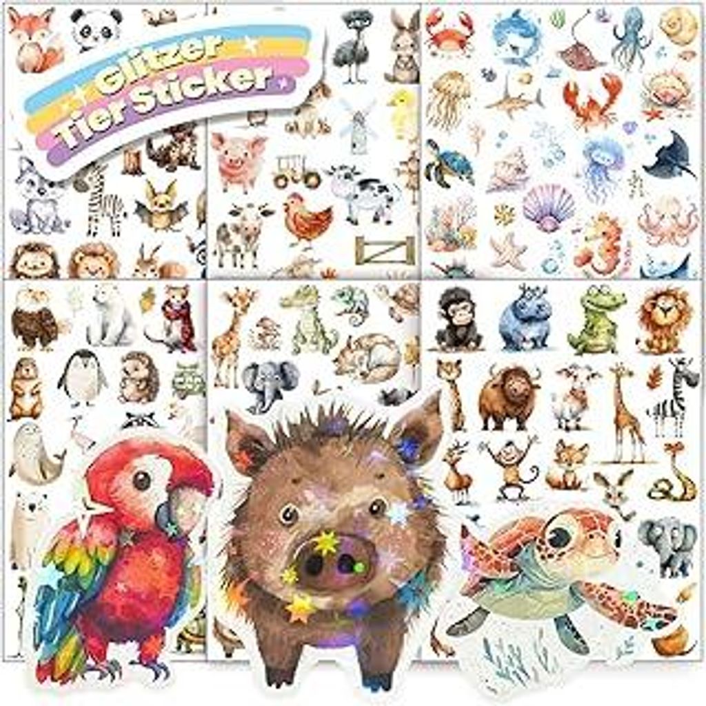 Tier Glitzer Sticker mit Glitzereffekt 6pcs Über 150 Motiv Glitzersticker Tiersticker Aufkleber Holografische Tiere Waldtiere für Kinder Mädchen...