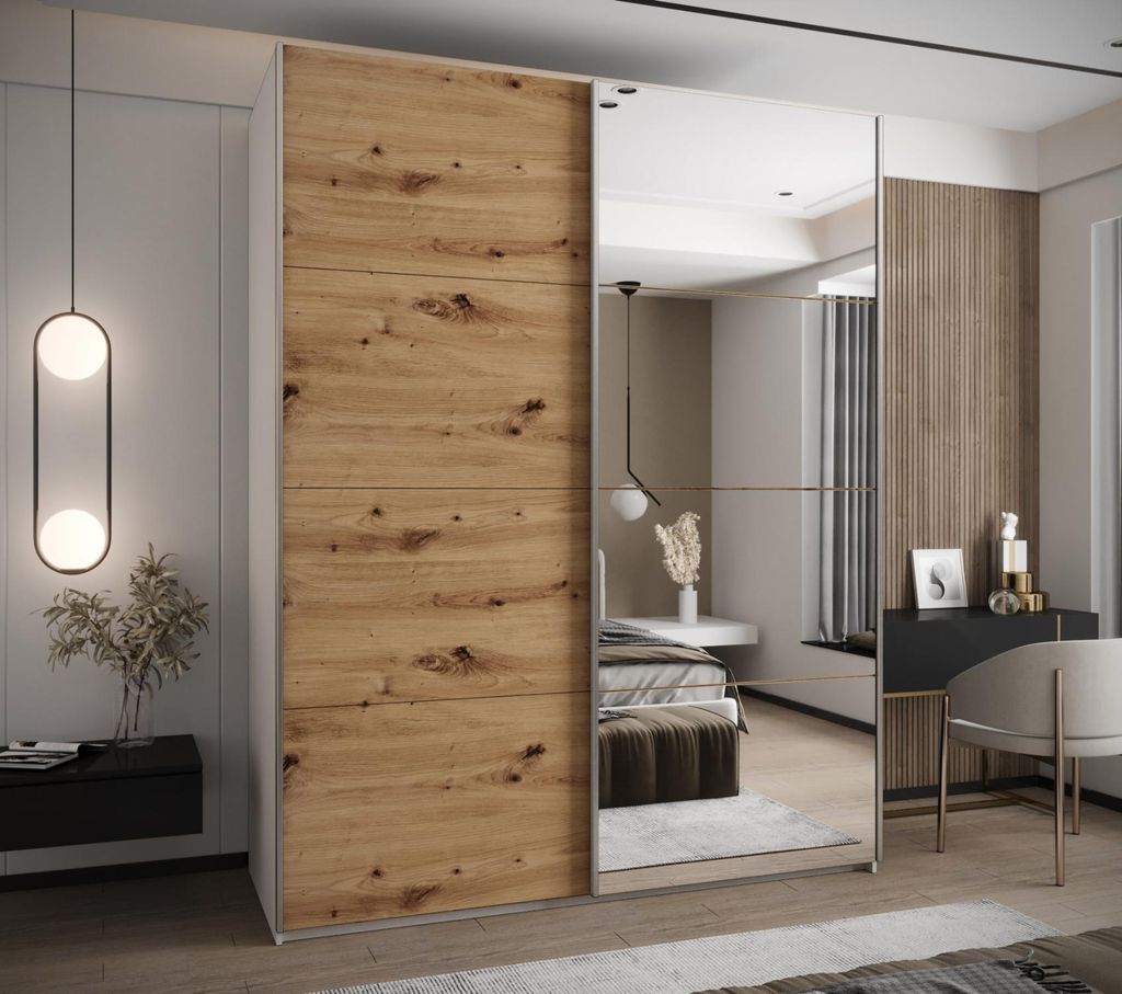 Zweitüriger Kleiderschrank SAMARA 3 - 200 cm, weiß / Eiche handwerklich / silber
