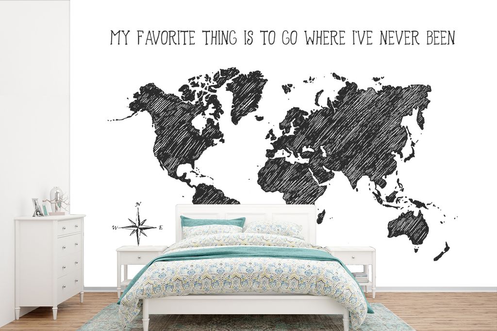 MuchoWow Fototapete für Wohnzimmer oder Schlafzimmer Wandtapete Vinyl Motivtapete Weltkarte - Schwarz - Weiß - Zitat - 420x280 cm - Zimmer für...