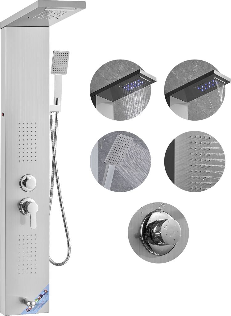 VEVOR Duschpaneelsystem, 5 Duschmodi, LED-Duschpaneelturm, Regenfall, Wasserfall, 2 Körpermassagedüsen, Wannenauslauf, Handbrause mit 59-Zoll-Sch...