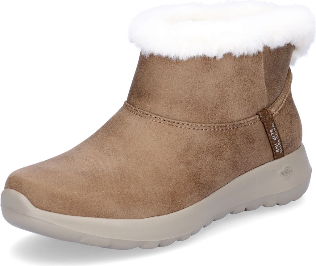 A single brown boot with white fur trim is shown against a white background.