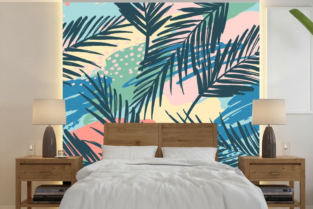 MuchoWow Fototapete für Wohnzimmer oder Schlafzimmer Wandtapete Vinyl Motivtapete Palmwedel - Muster - Pastell - Sommer - 300x300 cm - Wanddekor...