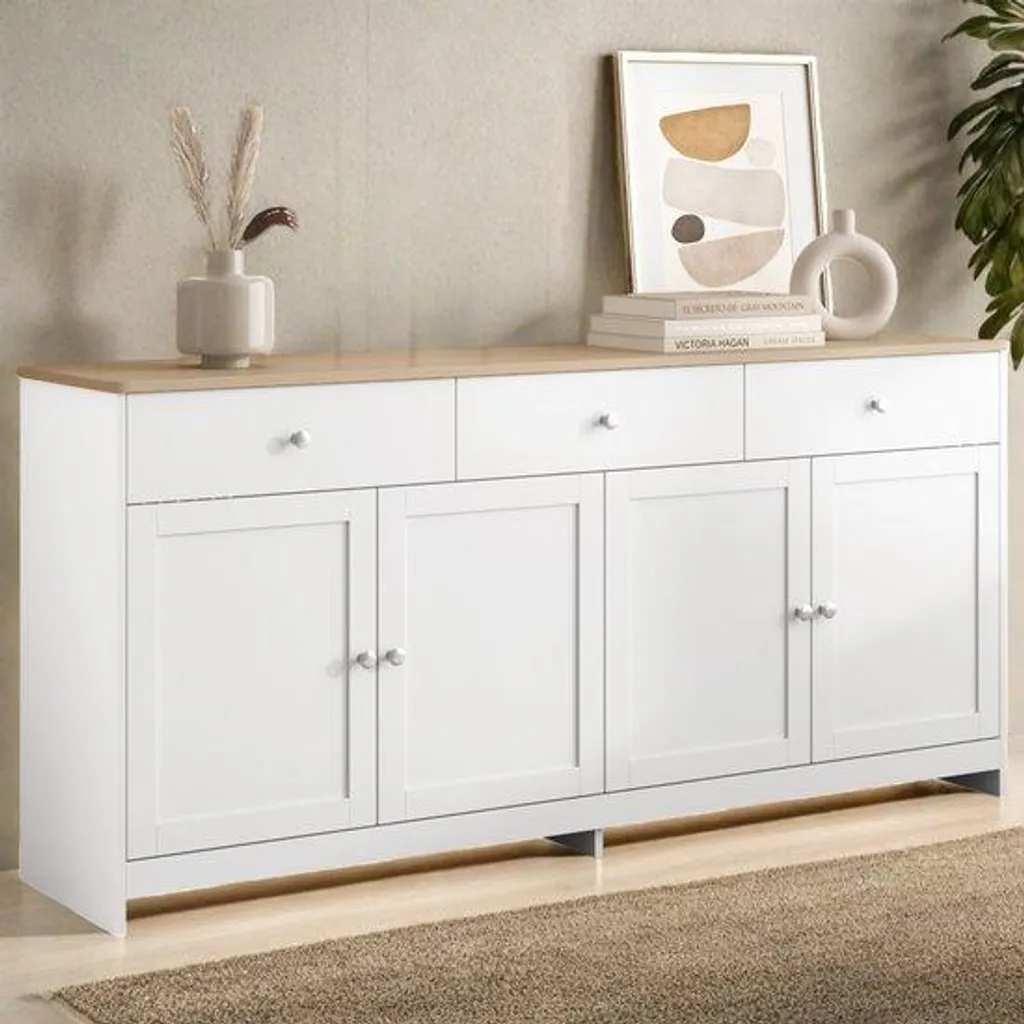 Armoire en chêne 4 portes avec trois grands tiroirs en bois blond
