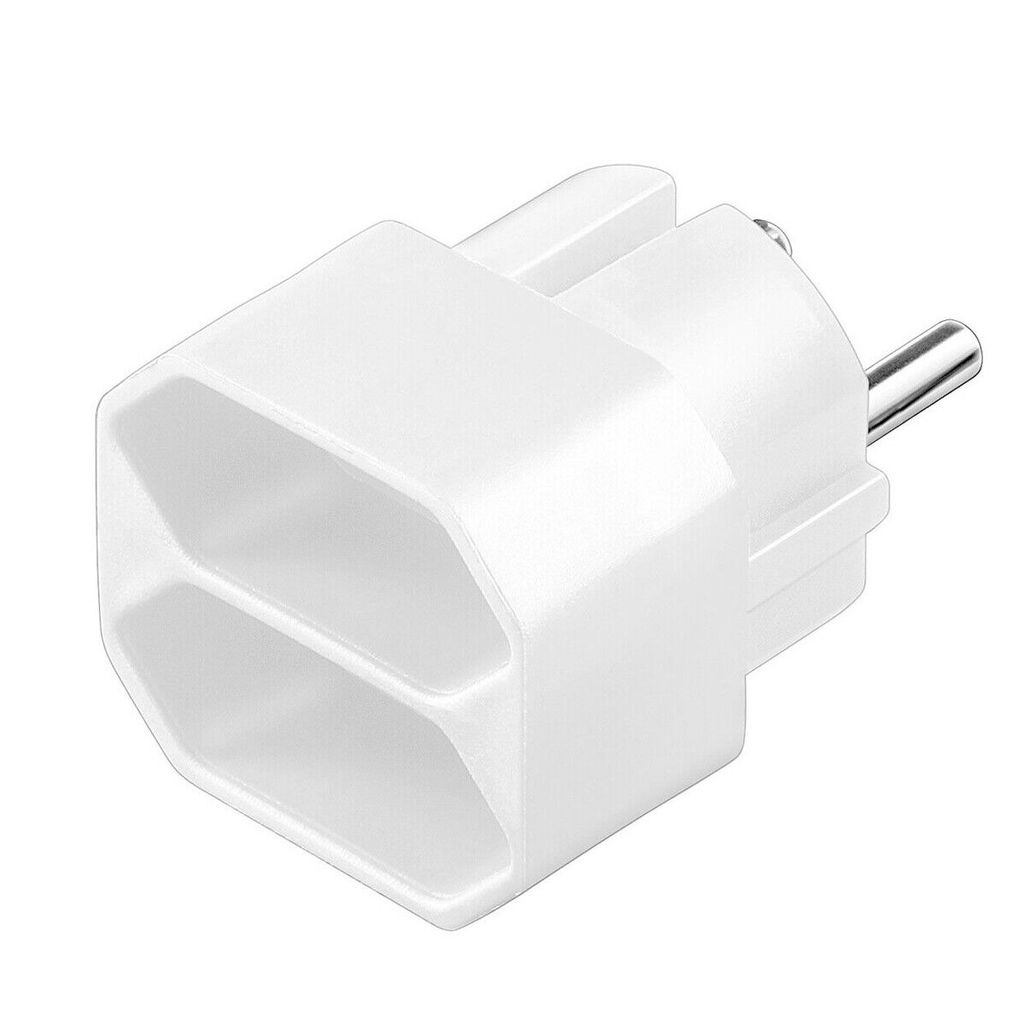 A white electrical adapter with two sockets and a European plug.