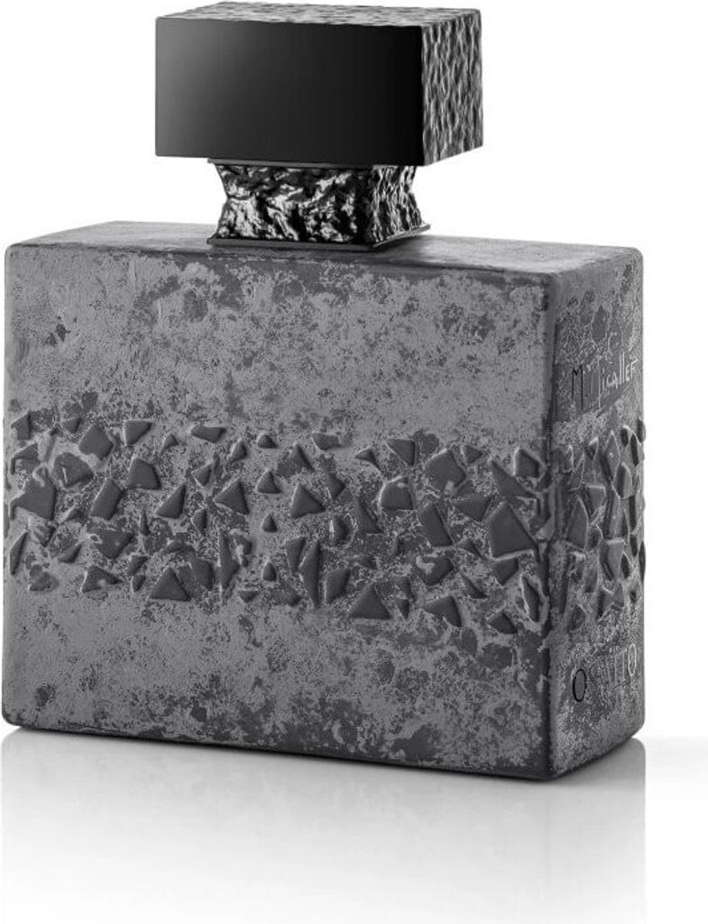 A perfume bottle with a textured gray body and a black cap.