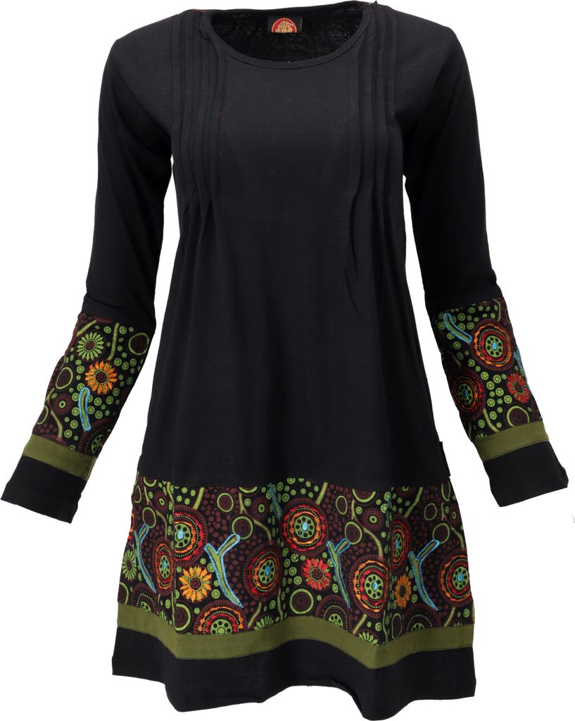 Baumwoll Minikleid Boho Chic, Langarm Tunika - Schwarz/grün, Damen, Baumwolle, Größe: XL