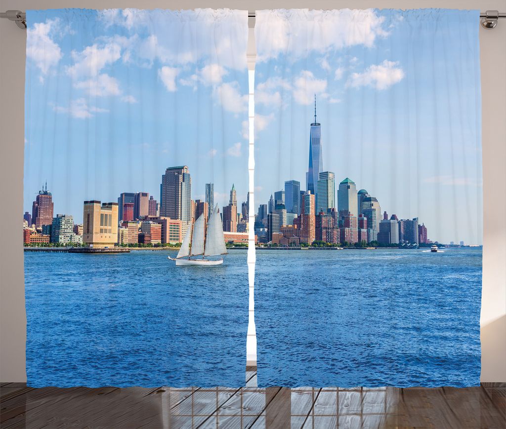 ABAKUHAUS New York City Rustikaler Gardine, New York Sonnenschein, Schlafzimmer Kräuselband Vorhang mit Schlaufen und Haken, 280 x 175 cm, Blau grau