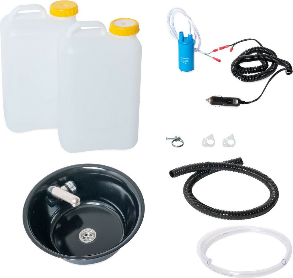 12V Camping Bausatz Waschbecken schwarz 32cm rund + Wasserhahn 19 Liter T4 T5 T6
