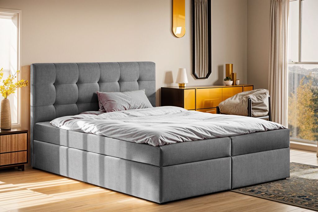 Kaiser Möbel Boxspringbett mit matratze und bettkasten, Schlafbett LUDANO stoff Noel Grau 140x200 cm H2-Pocket