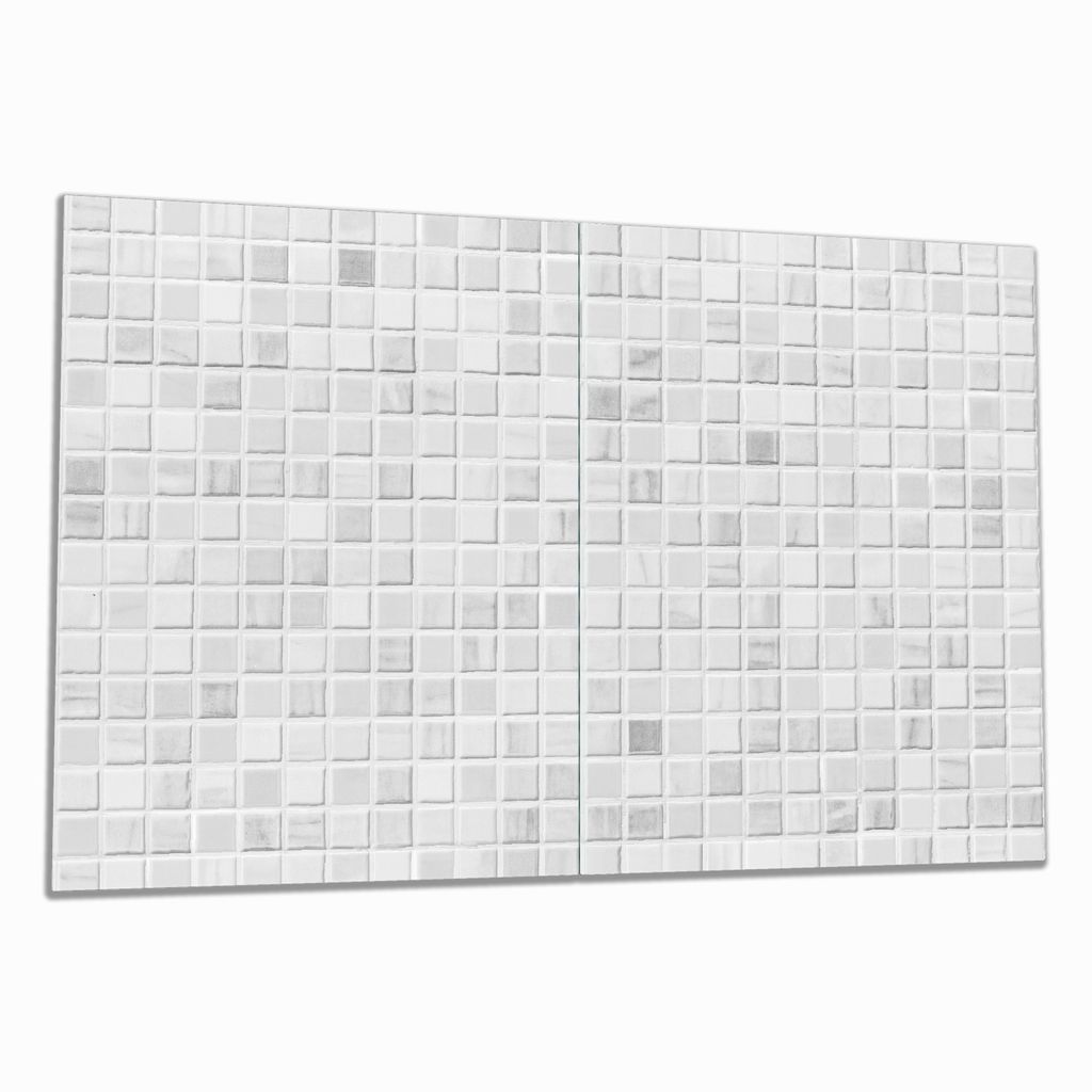 Wallario Herdabdeckplatte aus Glas, Größe 80 x 52 cm 2-teilig, Motiv Fliesen im Bad weiß-grau