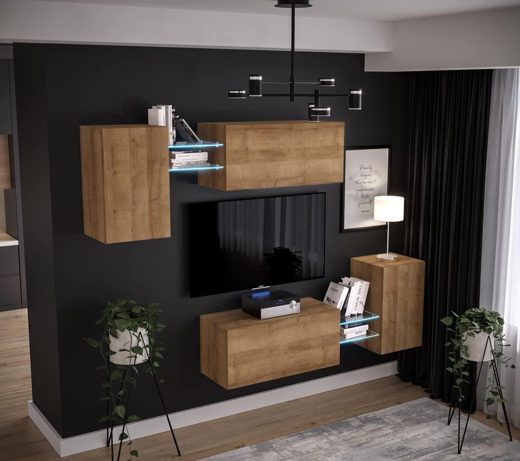 Furnitech Wohnwand Wohnzimmer - Wohnzimmer Möbel mit LED Weiß - Hängend Wohnwand Modern - Regale und TV Schrank (AN97-21DZ-M6 1A)