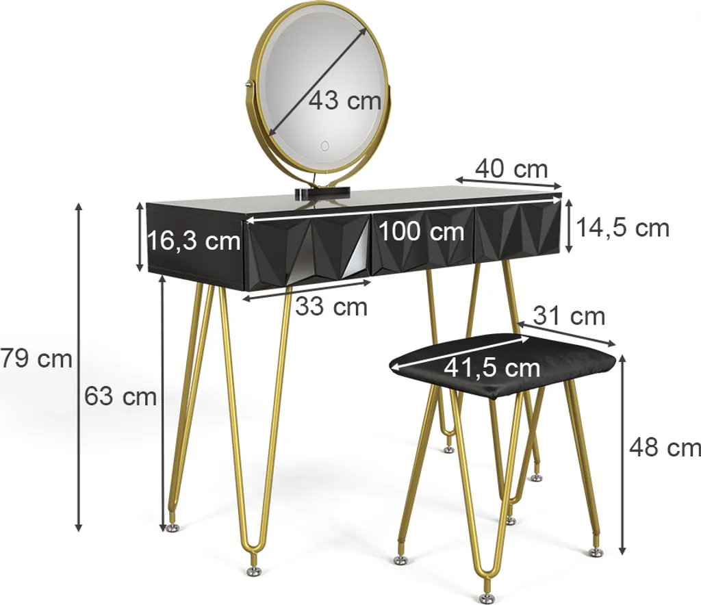 Coiffeuse Vicco Ruby Noir 100cm avec Miroir LED et Tabouret Model 40224